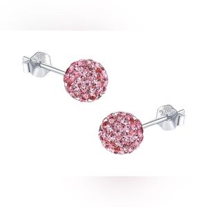 Sterling 925 Silver Pink Crystal Ball Stud Earrings